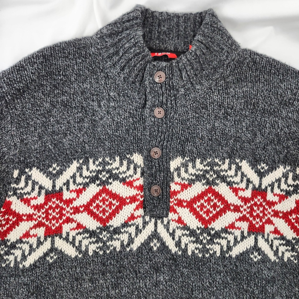 Fair Isle Nordic Mens Mock Neck Sweater Size XL Gray Holiday Cabin Aspen Preppy